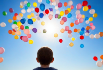 Ein Kind lässt viele bunte Luftballons in den Himmel steigen.