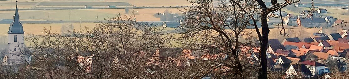 Die Kappl bietet einen wunderschönen Ausblick auf den alten Ortskern von Lehrberg mit Kirchturm. Das Dorf ist von viel Grün umgeben.