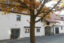 Ein Bild von einem Haus mit Eingangsbereich, davor ein hebstlicher Baum