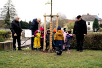 Viele Kinder unterstützt von drei Erwachsenen haben mit einem Schlauch einen frisch gepflanzten Baum an einem Weiher in Heilsbronn gegossen.