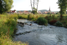 Die Fränkische Rezat sprudelt über eine kleine Stromschnelle. Sie ist eingebettet in einen naturnahen Uferbewuchs mit Gräsern, Stauden, Büschen und Bäumen. Im Hintergrund ist ein fränkisches Dorf mit Kirche.