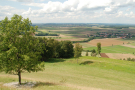 Ein Blick von der Gelben Bürg zeigt die leicht gewellte Landschaft mit Wiesen, Feldern, Wäldern, Dörfern und Windrädern zu ihren Füßen. Ihre Hangfläche ist mit Magerrasen, Büschen und Bäumen bewachsen.