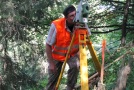 Vermessungssituation im Wald. Ein Mann mit Warnweste fokussiert im Fernrohr eines Theodolits einen Messpunkt. Der Theodolit steht auf einem gelben Stativ.